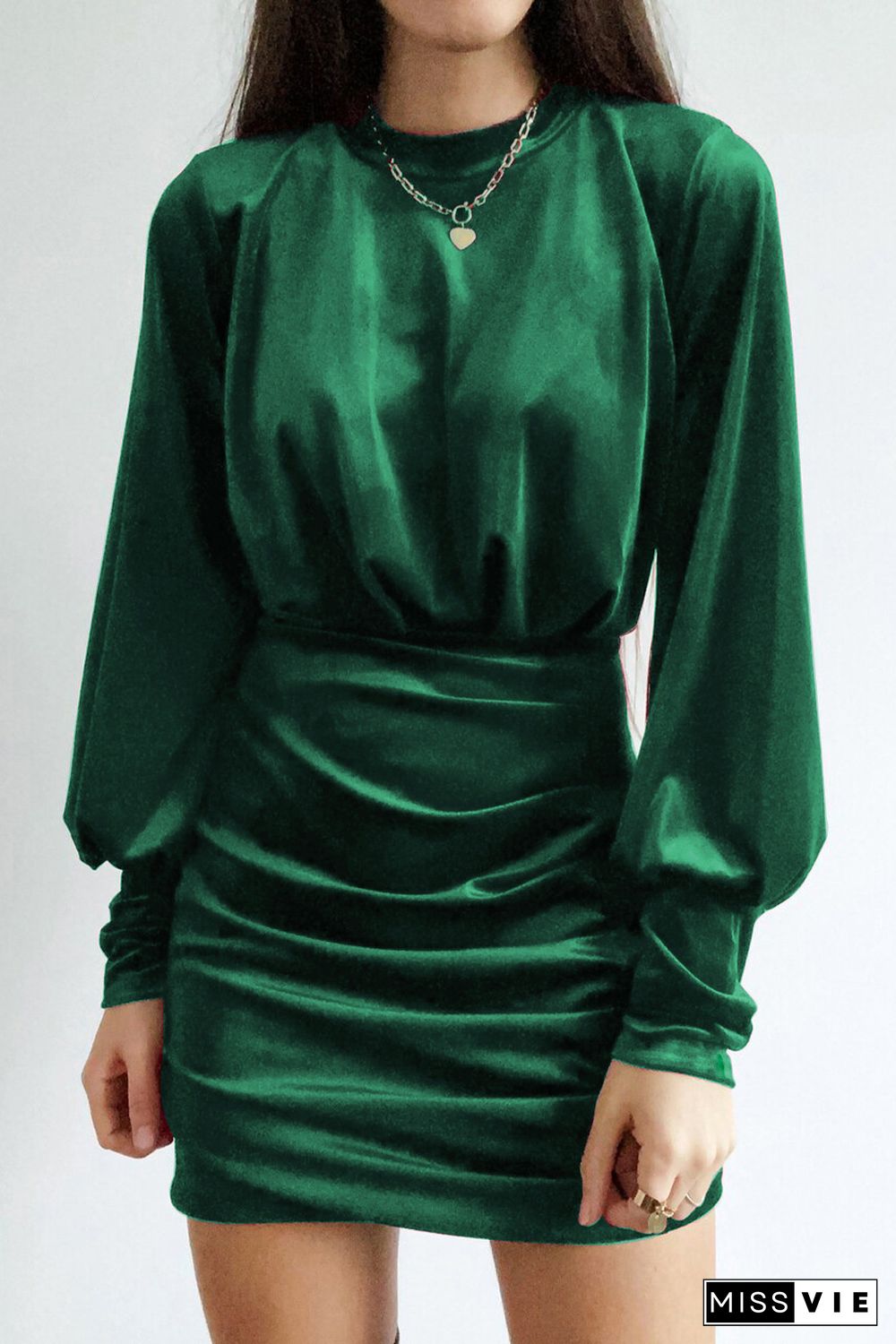 Green Mock Neck Long Sleeve Ruched Velvet Mini Dress with Hollow-out Back