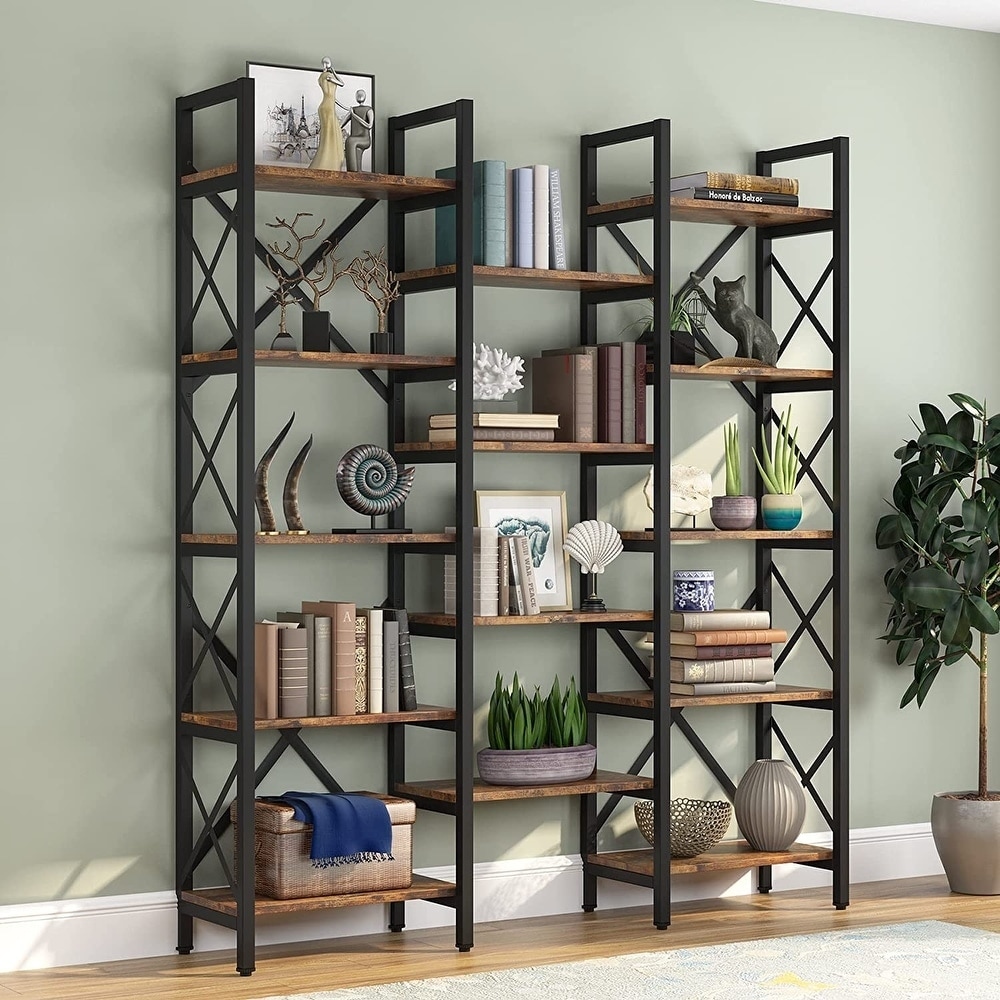 Open Triple Wide 5 Shelf Bookcase  Industrial Etagere Bookshelf for Home   Office