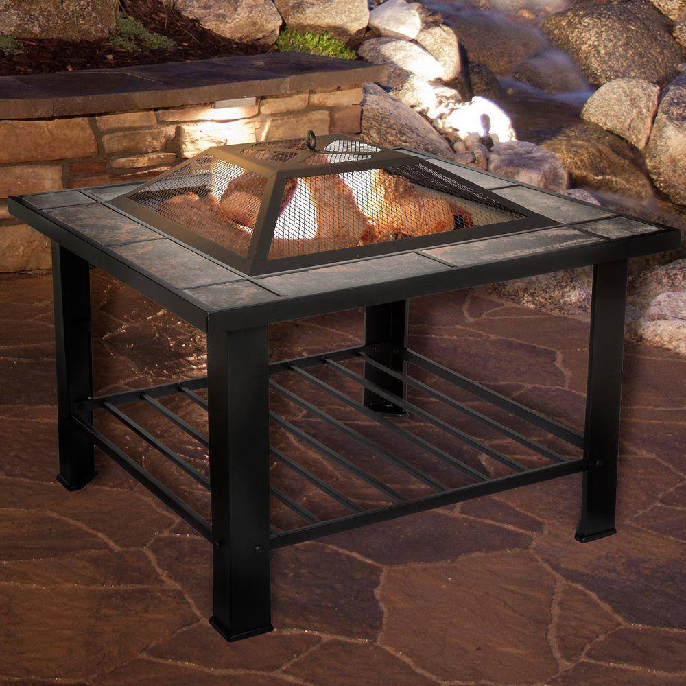 Pure Garden 30 in. Square Steel Fire Pit and Table with Cover M150016