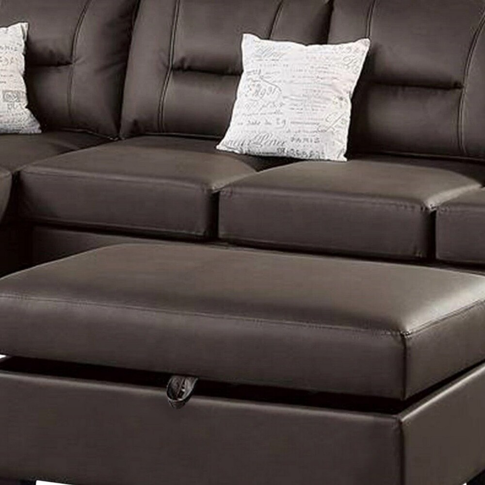 Dex 3 Piece L Sectional Sofa  Ottoman  2 Throw Pillows  Brown Faux Leather