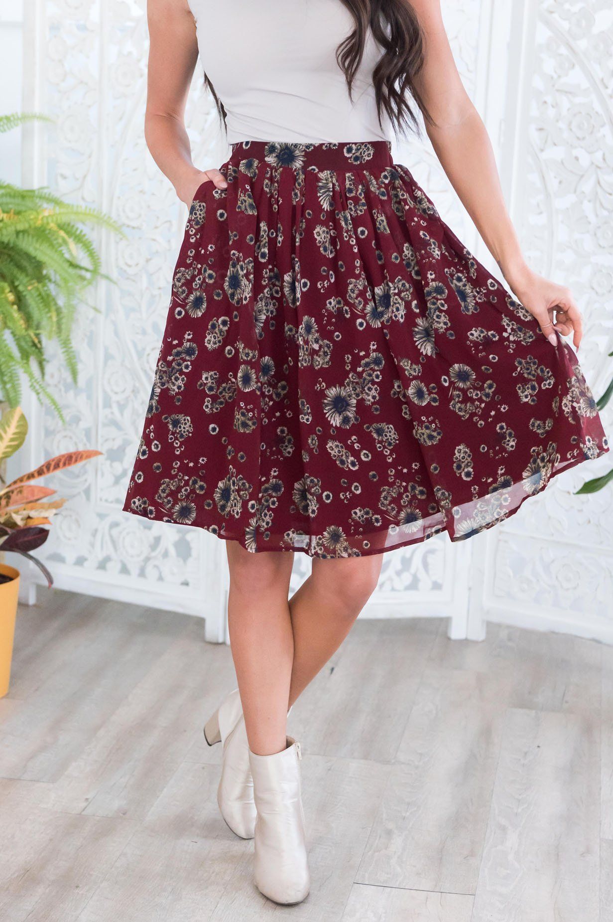 Burgundy Cluster Floral Chiffon Skirt