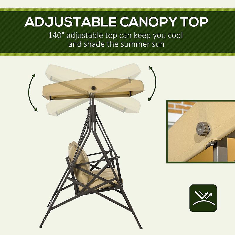 Outsunny 3-Seat Patio Swing Chair， Outdoor Canopy Swing Glider with Cushion， Khaki