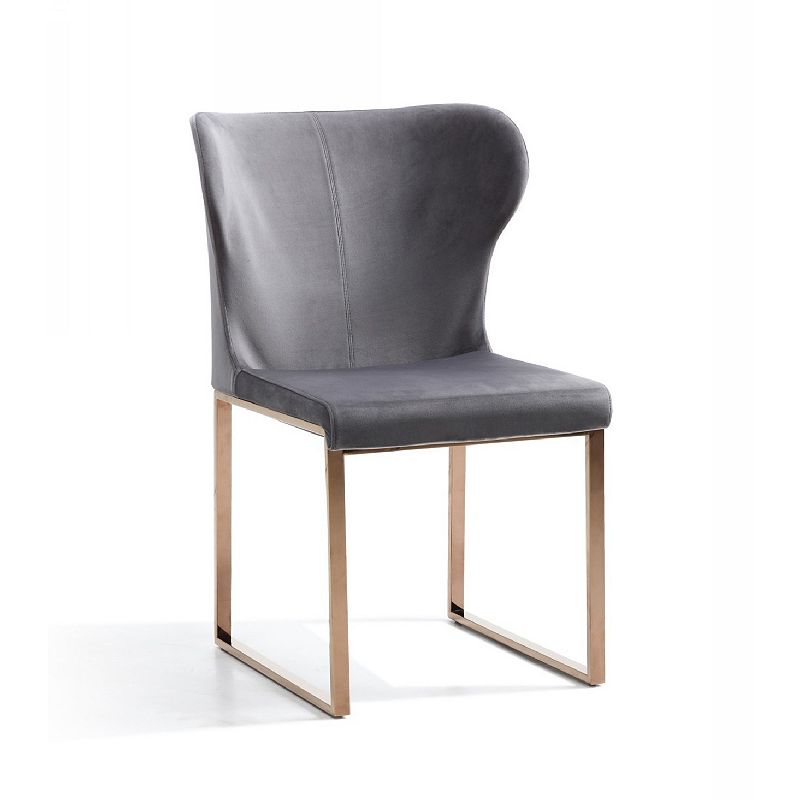 High Wing Back Metal Armless Dining Chair with Sled Base， Gray and Rosegold