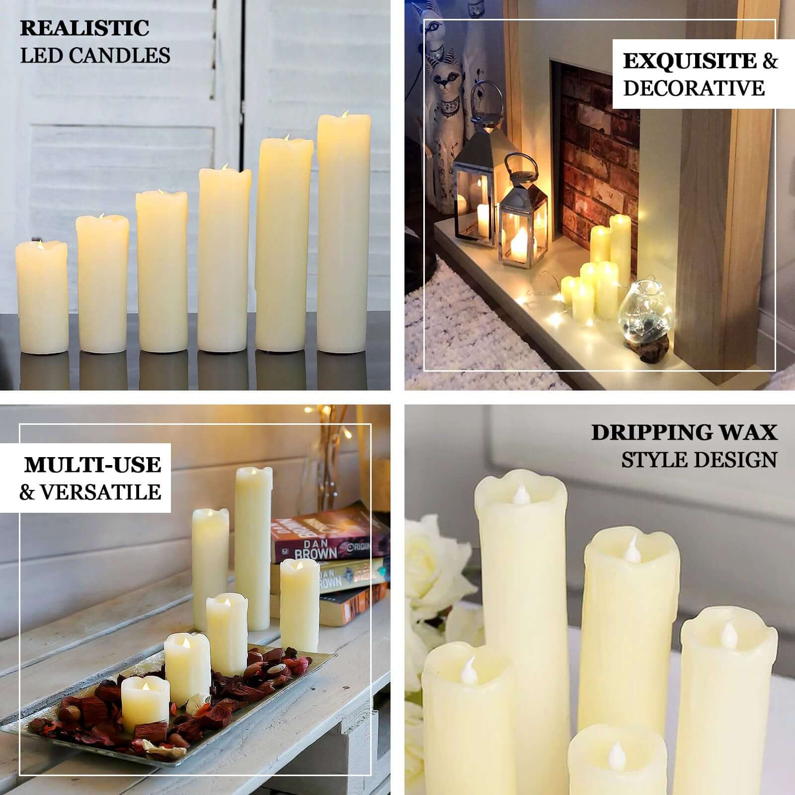 Set of 6 Warm White Flameless Flicker LED Drip Wax Pillar Candles, Battery Operated Luminaria Holiday Candles