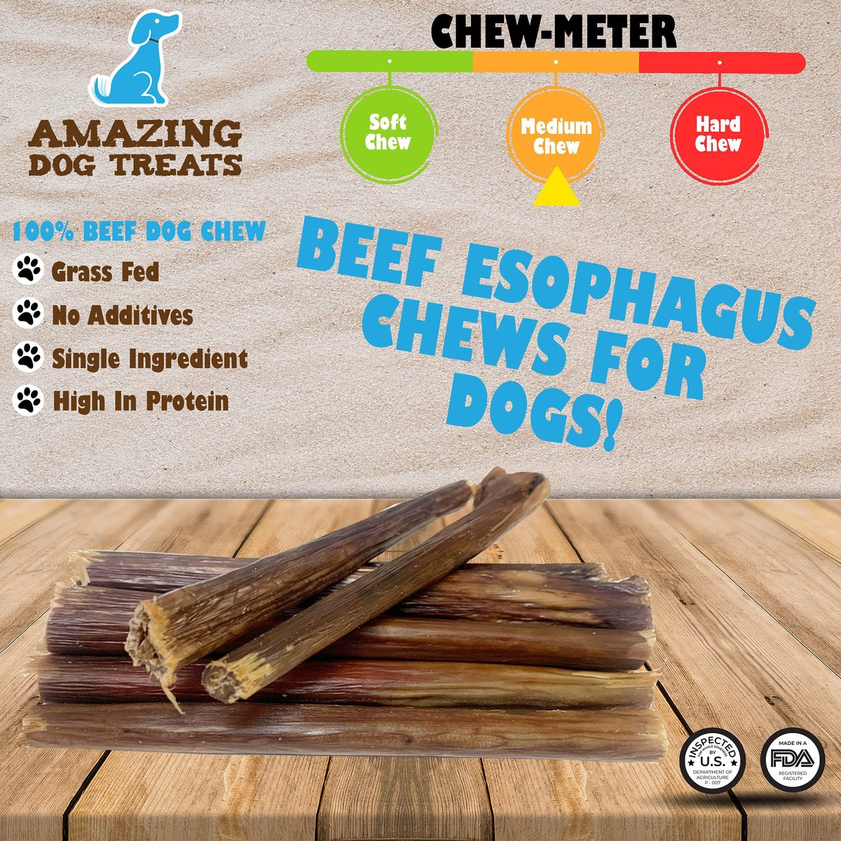 Amazing Dog Treats Beef Esophagus Stick Jerky Dog Treats， 15 count