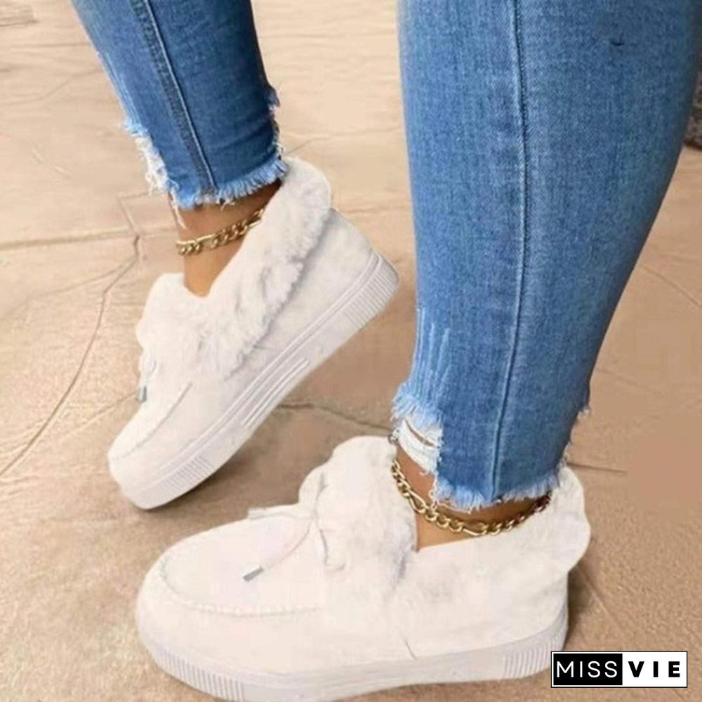 New Fashionable Ladies Bowknot Suede Faux Fur Moccasin Shoes Warm Lightweight Slippers Non-Slip Platform Shoes Winter Cute Soft Snow Boots Casual Suede Flat Plush Shoes Comfortable Wearing Tenis Feminino