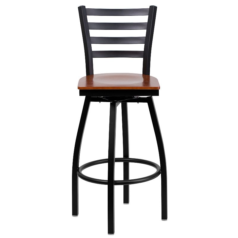 Emma and Oliver Black Metal Ladder Back Swivel Barstool， Cherry Wood Seat