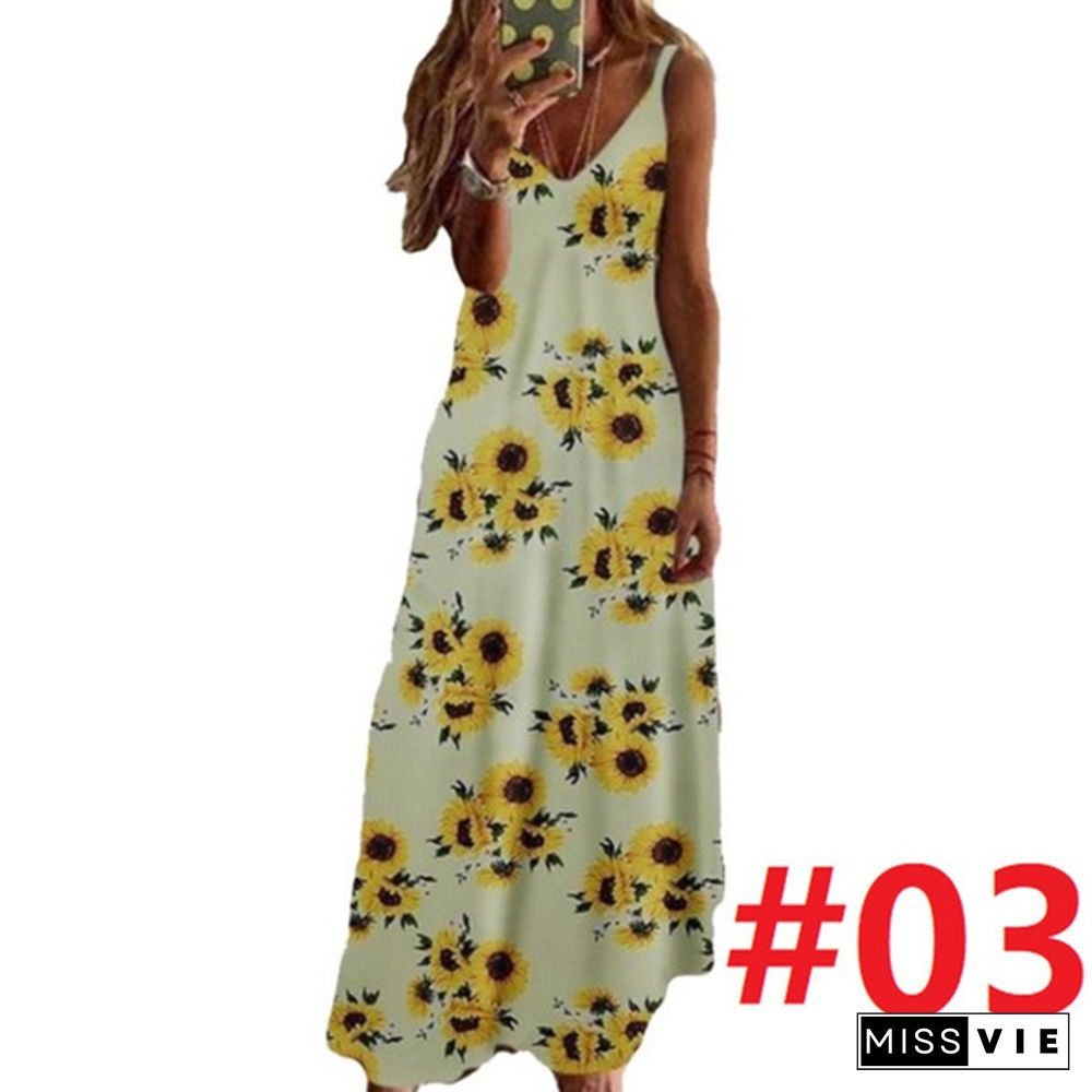 Women's Fashion Summer Sleeveless Floral Printing Sling Dress Deep V-Neck Slim Fit Big Swing Skirts Loose Casual Long Maxi Dresses Ladies Plus Size Party Dresses