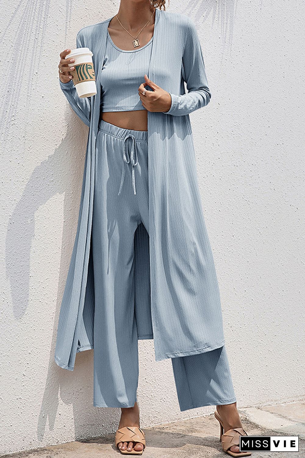 Crop Tank Top and Wide Leg Pants with Coat 3 PCS Set Wholesale