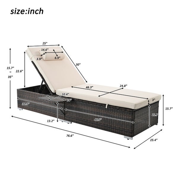 2-Piece Rattan Outdoor Reclining Chair with Adjustable Backrest Recliners， Side Table and Head Pillow