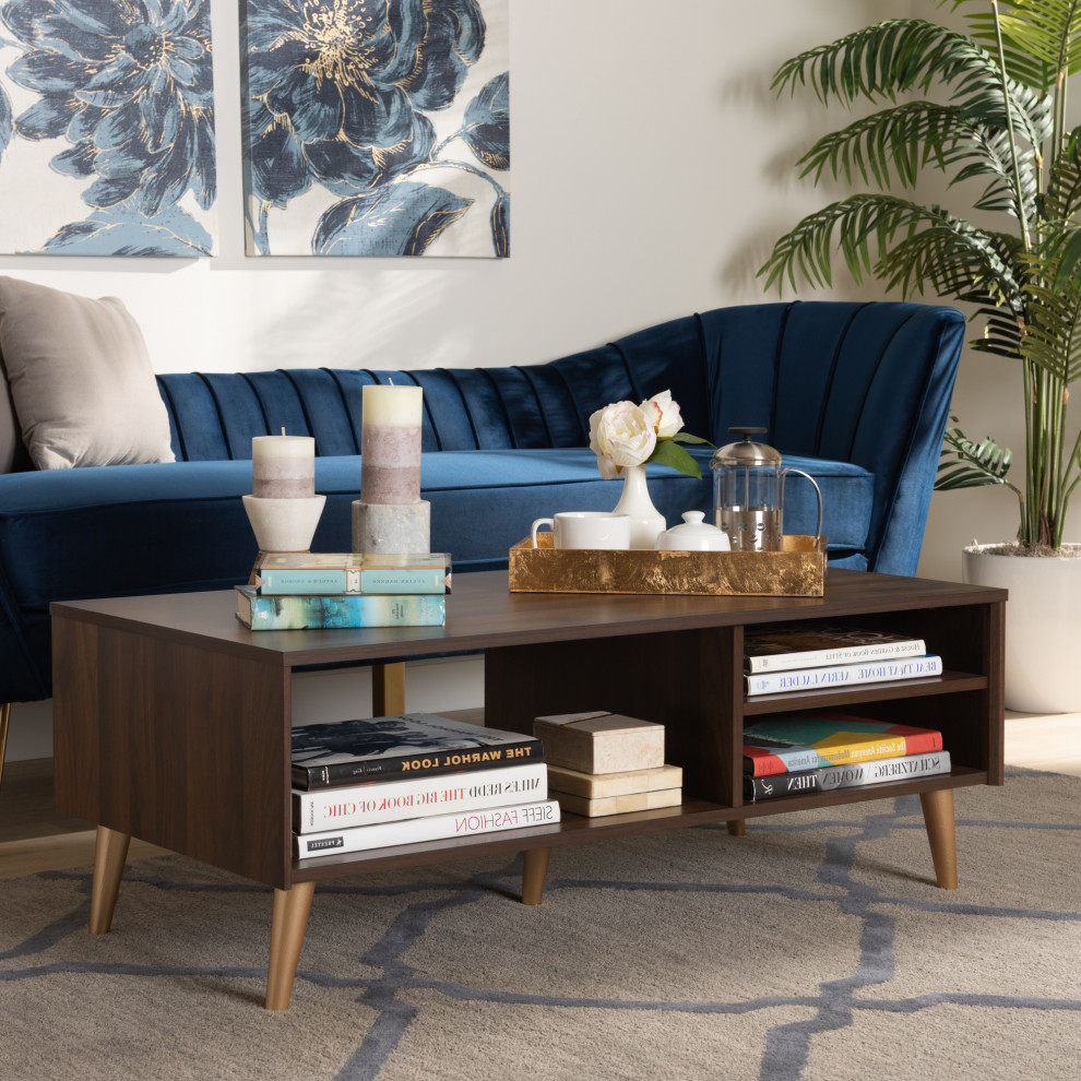 Noelene Mid Century Walnut Brown and Gold Wood Coffee Table   Midcentury   Coffee Tables   by Baxton Studio  Houzz