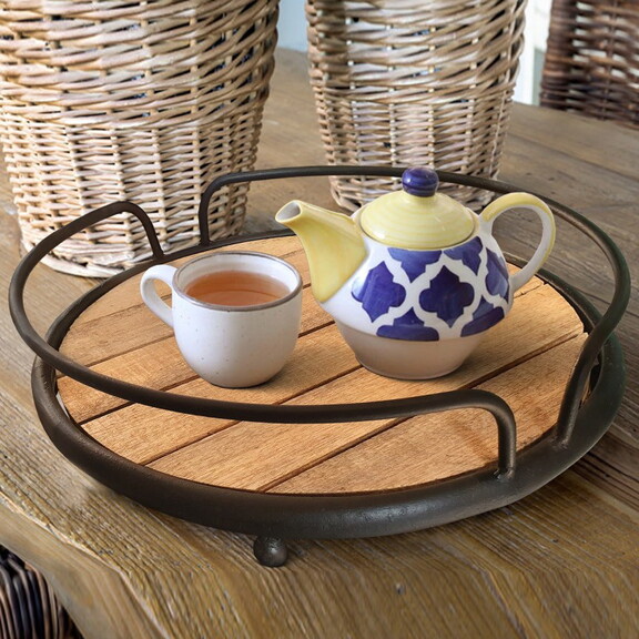 Round Tubular Metal Frame Tray with Plank Style Wo...