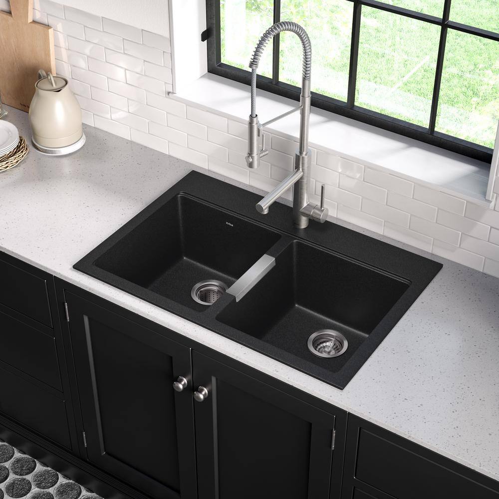 KRAUS Quarza Black Onyx 33 Inch Drop-in  Undermount 5050 Double Bowl Granite Kitchen Sink KGD-433B