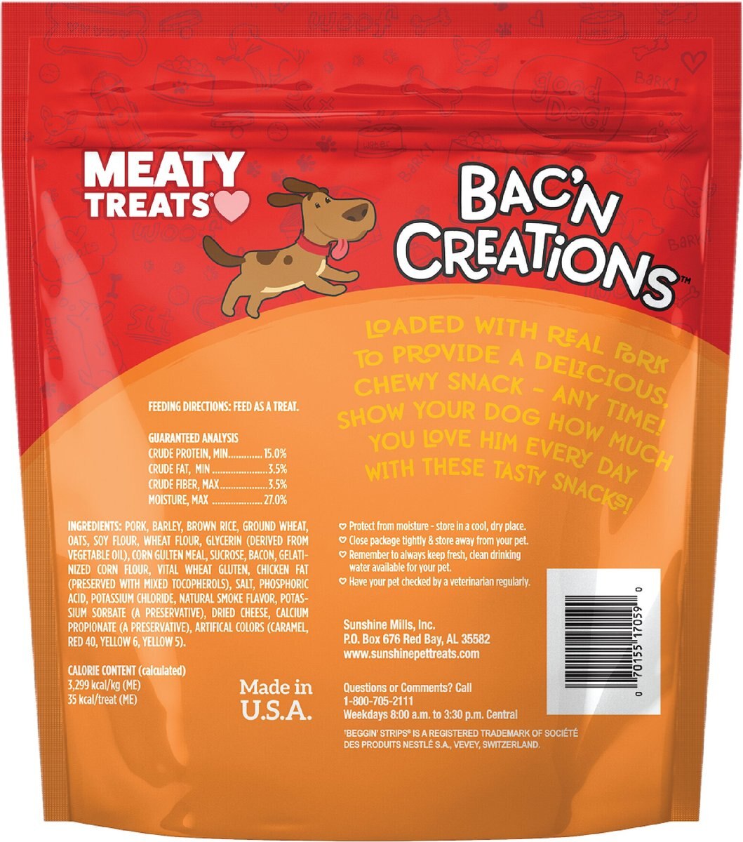 Meaty Treats Bac'n Creations Bacon and Cheese Flavor Strips Soft and Chewy Dog Treats