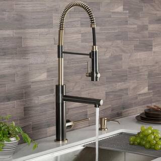 KRAUS Artec Pro Single-Handle Pull Down Sprayer Kitchen Faucet with Deck Plate in Black Stainless SteelBrushed Gold Finish KPF-1603SBBG-DP03SB