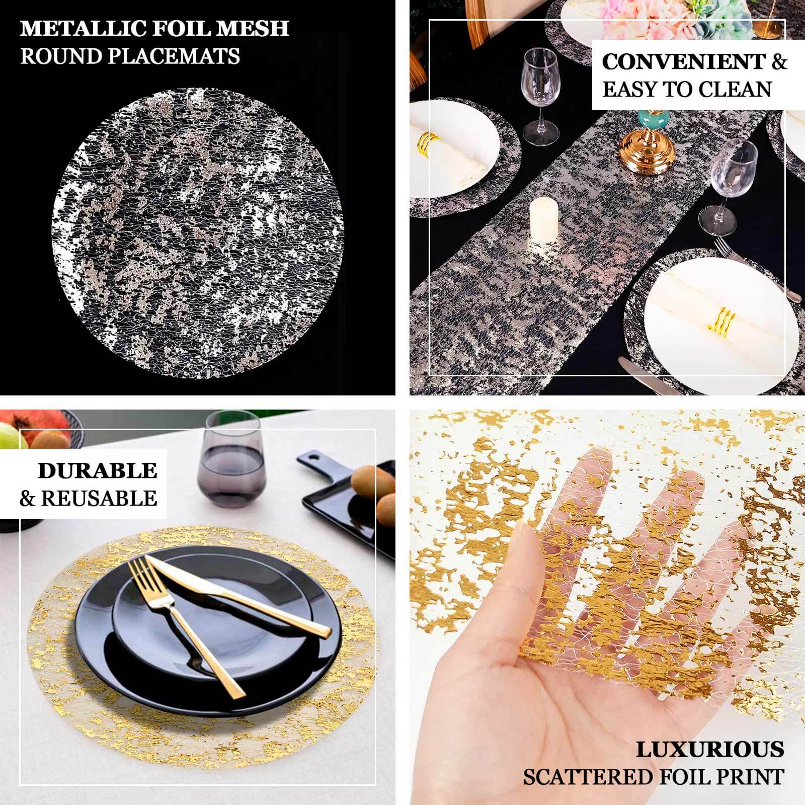 10 Pack Metallic Gold Foil Mesh Table Placemats, Disposable Round Shiny Dining Mats 13