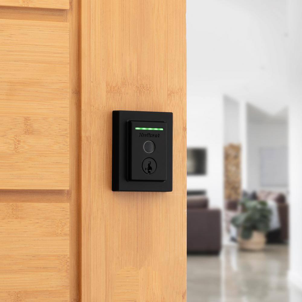 Kwikset Halo Touch Matte Black Contemporary Fingerprint WiFi Elec Smart Lock Deadbolt Feat SmartKey Security and Halifax Lever 959514HFLSQT514