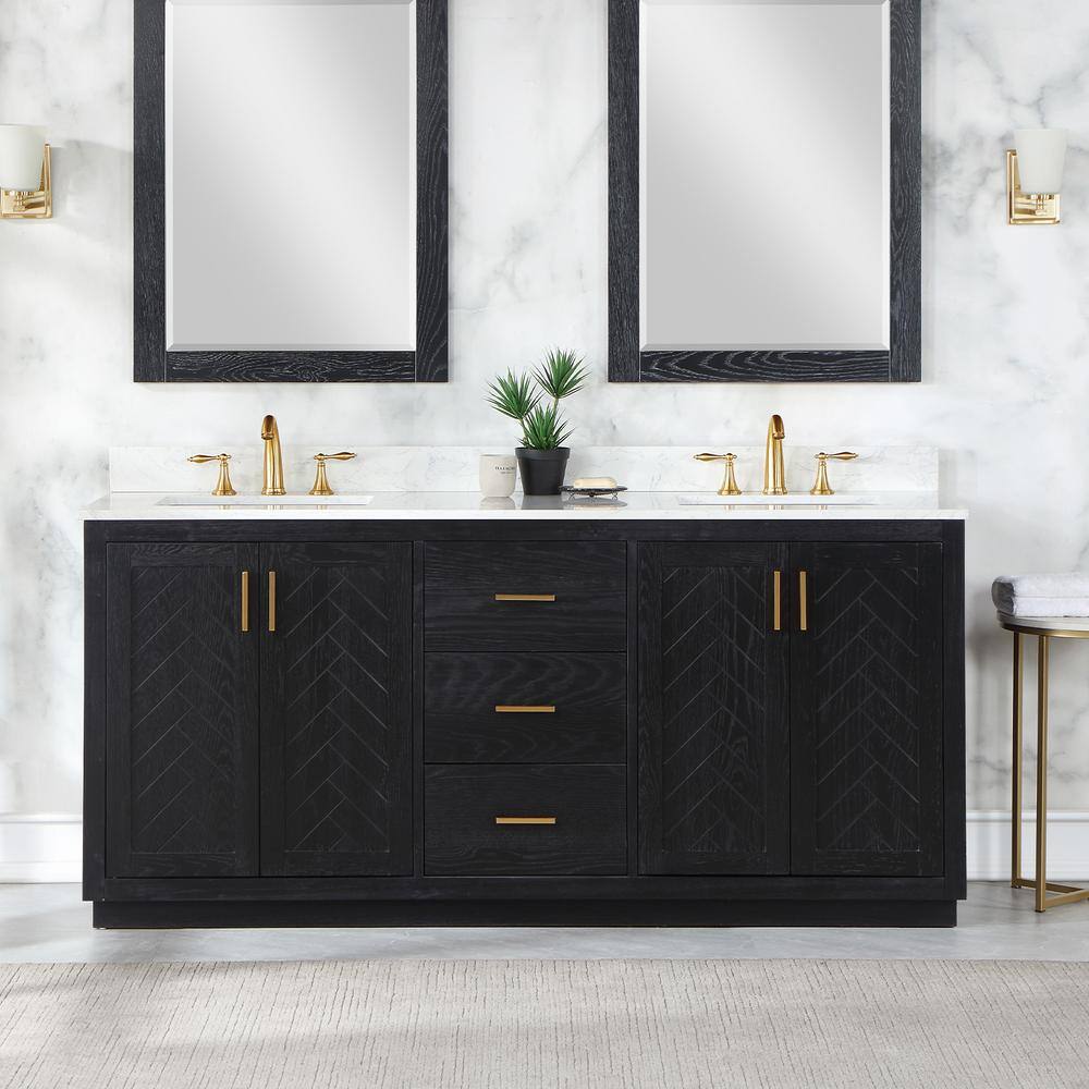 Altair Gazsi 72 in. W x 22 in. D x 34 in. H Bath Vanity in Black Oak with Grain White Composite Stone Top 543072-BO-GW-NM