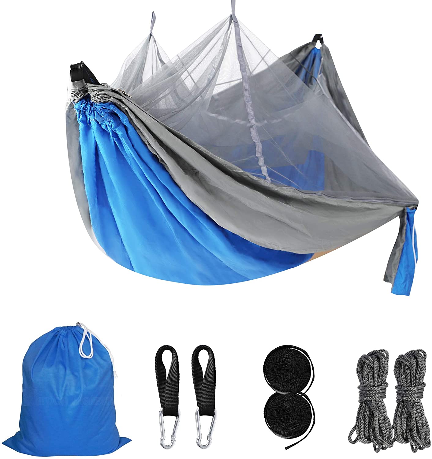 KARMAS PRODUCT Camping Hammock with Mosquito Net, 8.5 ft Single Portable Lightweight Nylon Hammocks with 2 Adjustable Tree Straps for Backpacking, Travel, Beach, Backyard,Hiking (Blue/Gray)