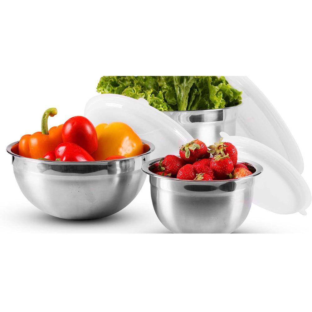 OVENTE 3-Piece Mixing Bowls with Lids Stainless Steel Kitchen Storage Bakeware Set BM46333S