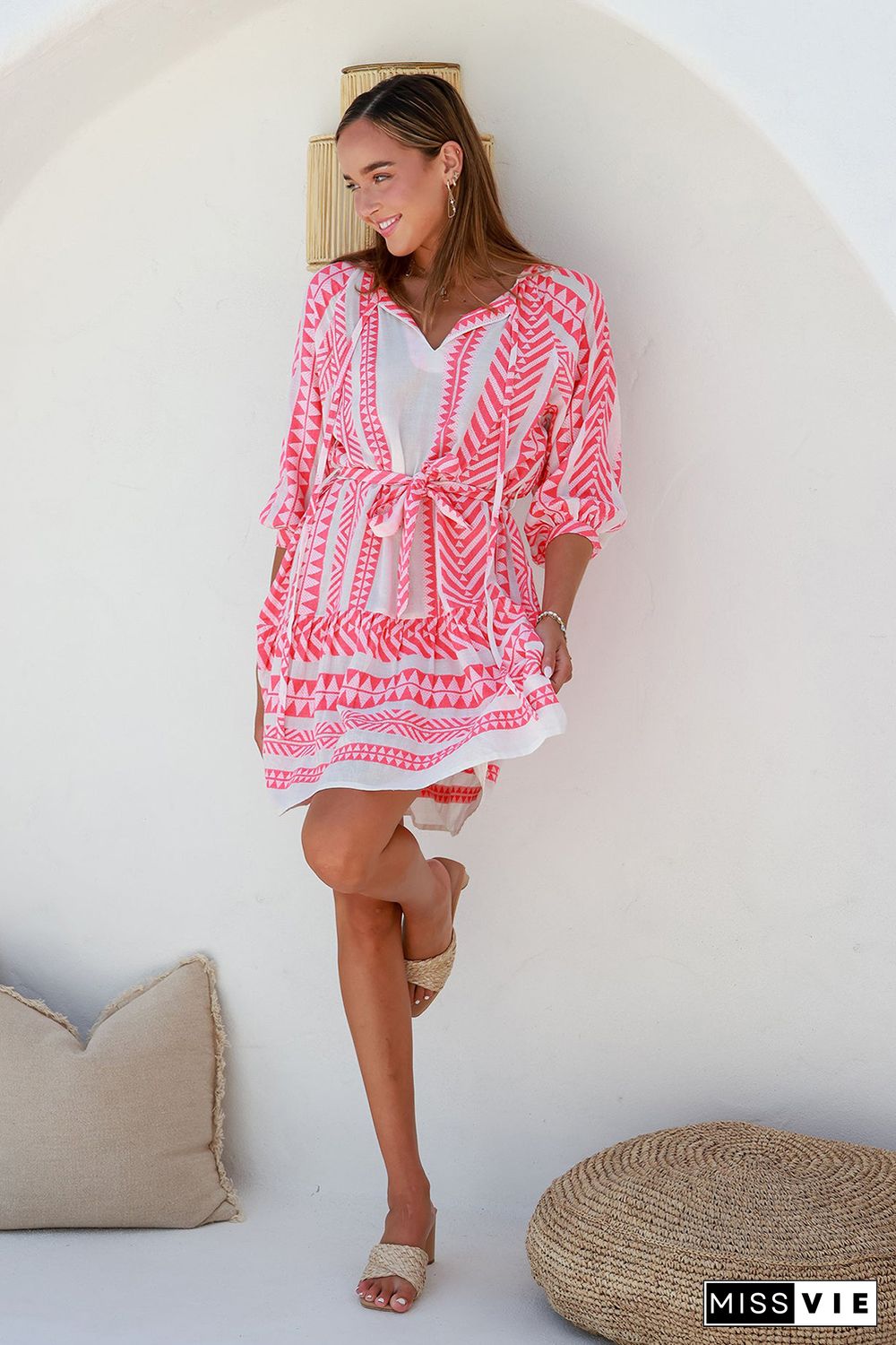 Red Geometric Print Belted Puff Sleeve Dress