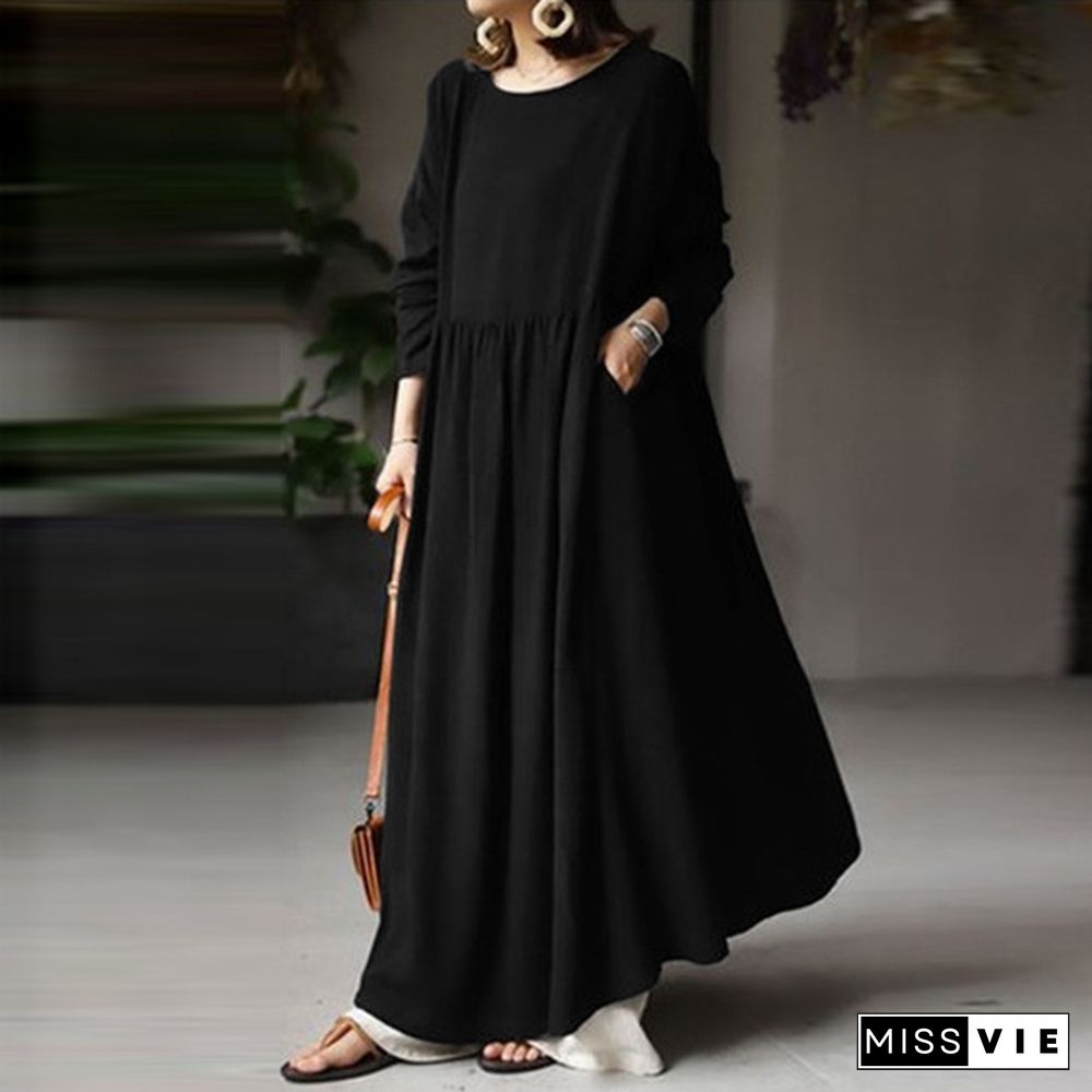 ZANZEA Women Autumn Long Sleeve Robe Solid Color Long Dress Casual Cotton Maxi Dresses