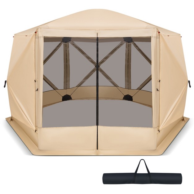 Costway 11 5 X 11 5 Ft 6 sided Pop up Screen House Tent With 2 Wind Panels For Camping Coffee green