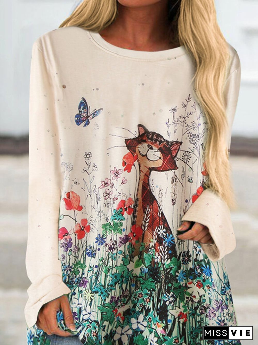 Beige Cotton-Blend Long Sleeve Round Neck Printed T-shirt