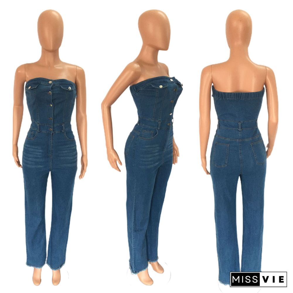 Strapless Button Up One Pieces Denim Jumpsuit