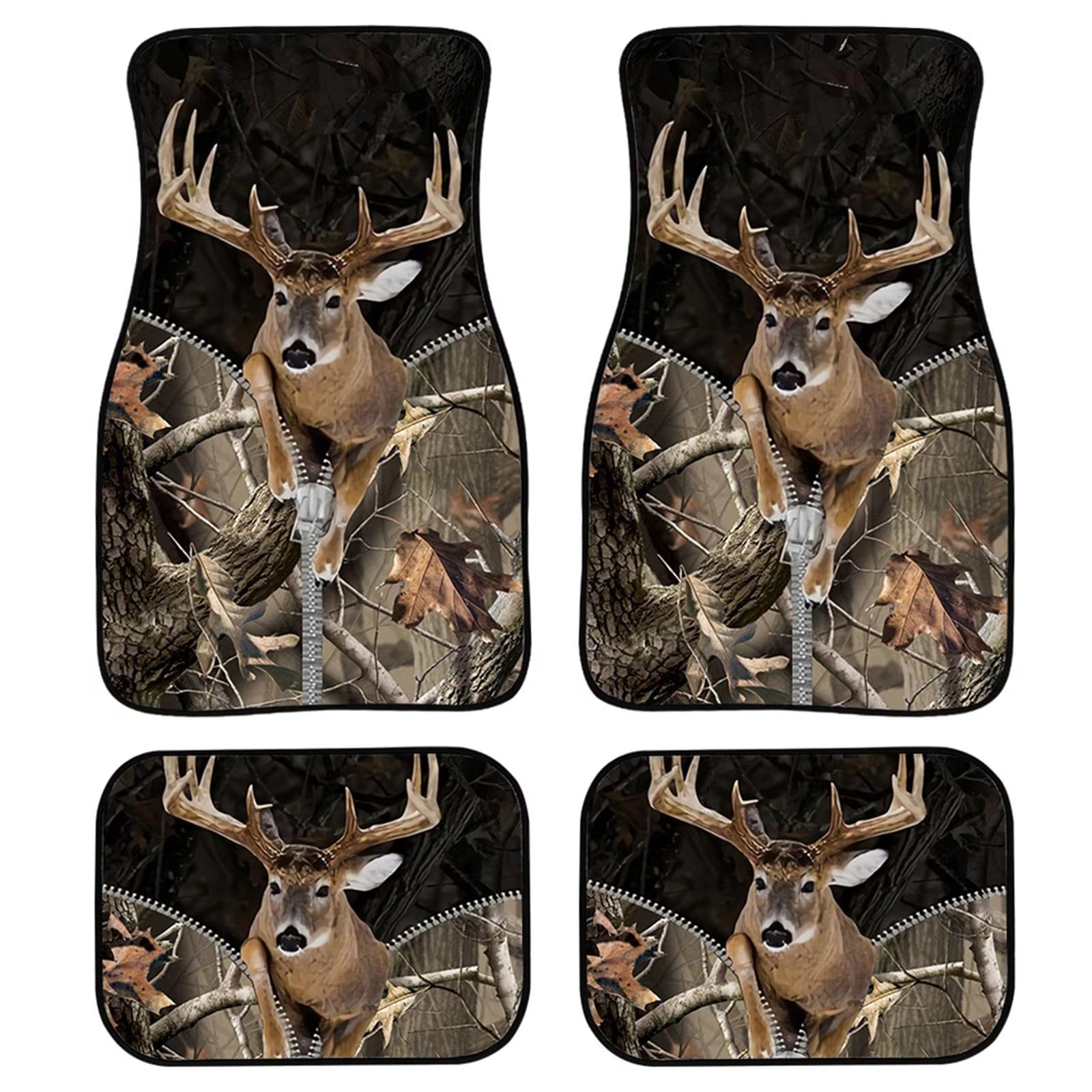 FKELYI Camo Hunting Deer zipper Car Floor Mat for Men，Full Set of 4 Heavy Duty Rug Foot Pad，Comfort Rubber Weather Mats Interior Protectors，Universal Fit for Auto Cars