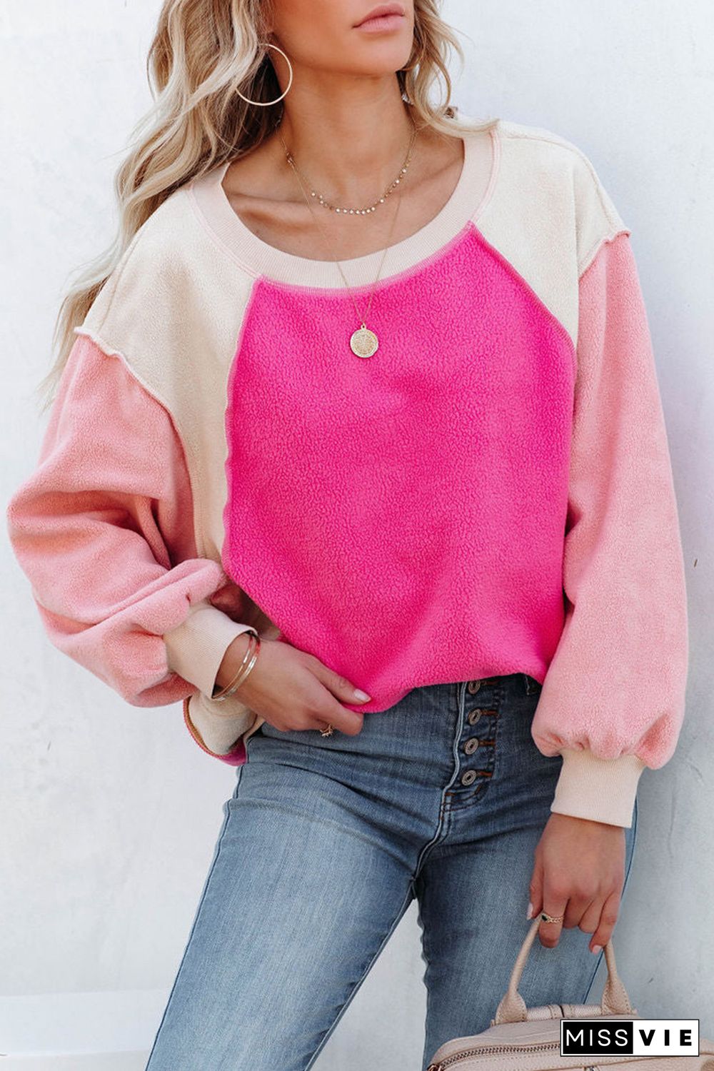 Rose Colorblock Long Sleeve Pullover Fleece Sweatshirt