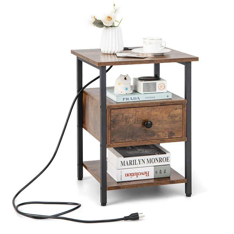 3-Tier Nightstand with Charging Station and Drawer-1 Piece