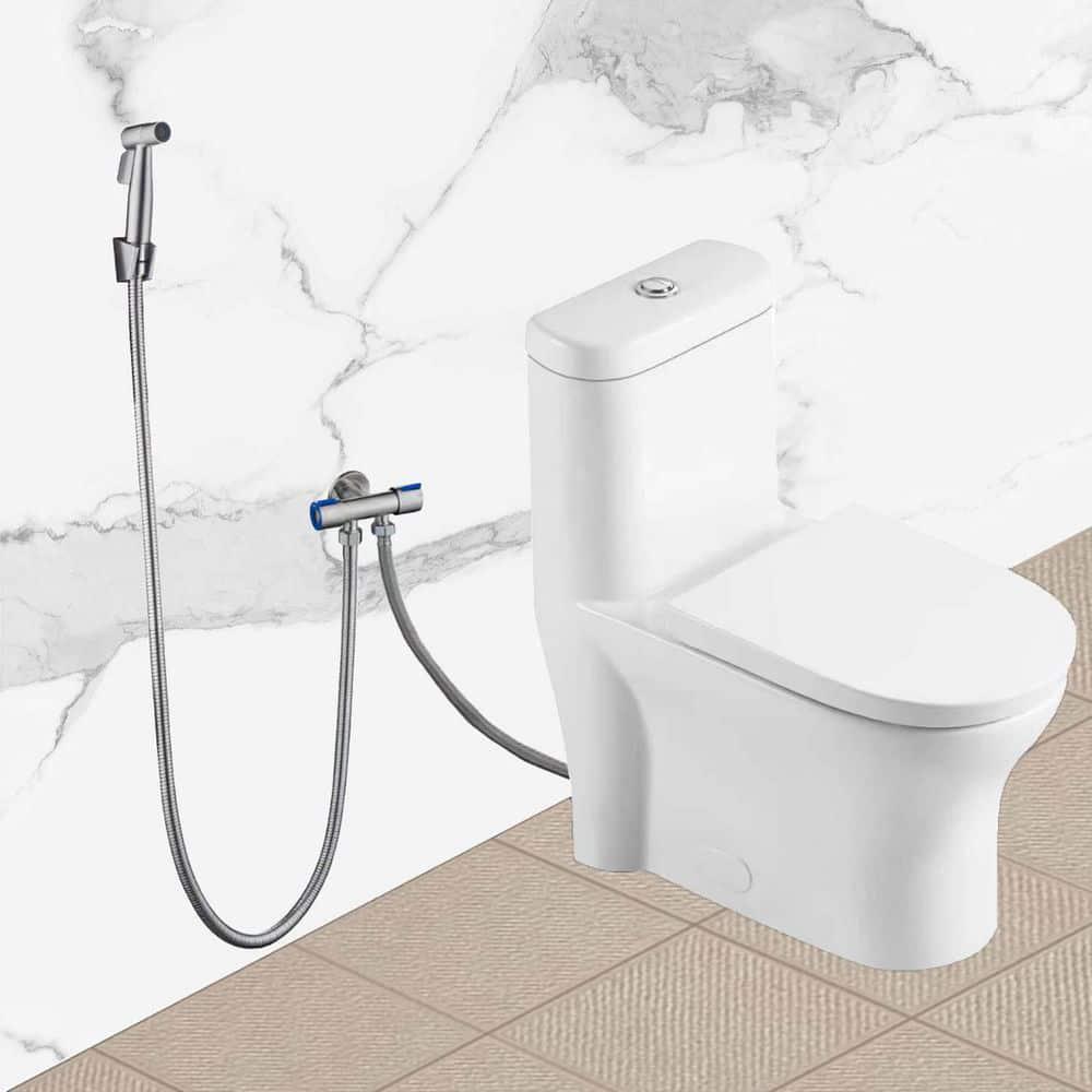 INSTER 1piece 1116 GPF Top Button Dual Flush Elongated Toilet in White Include Seat and Lid and Bidet Sprayer