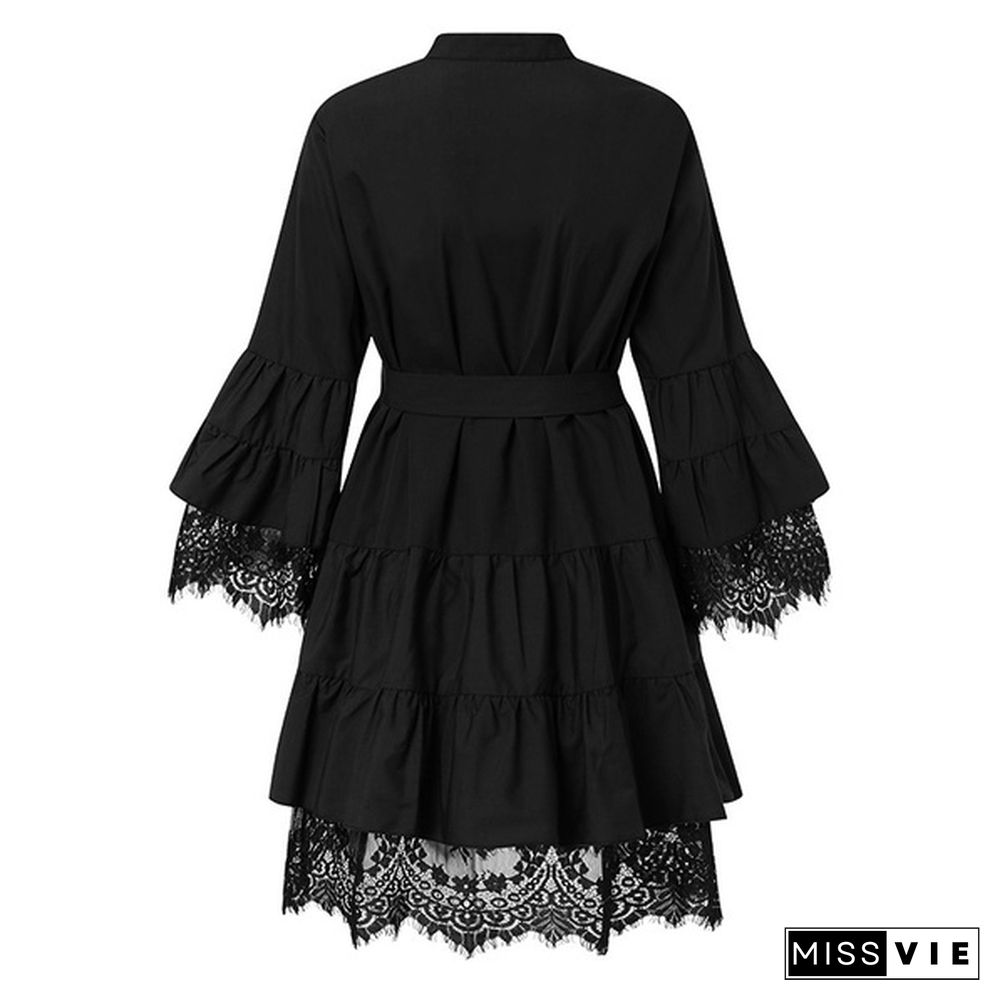 Women Flare 3/4 Sleeve Mini Dress Ruffled Lace Stiching Party Casual Pleated Short Dress Plus Size