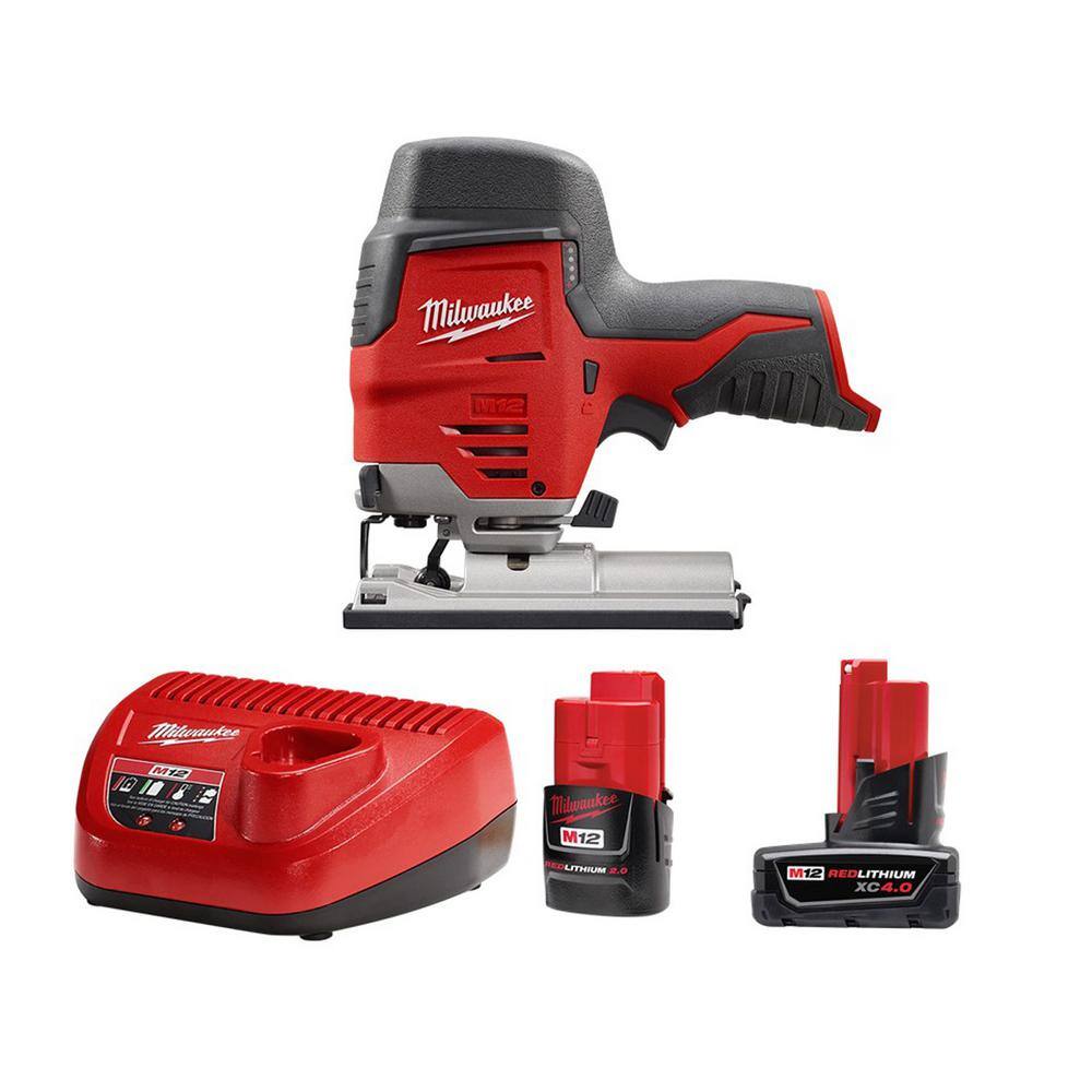 MW M12 12V Lithium-Ion Cordless Jig Saw with One M12 4.0 Ah and One M12 2.0 Ah Battery Pack and Charger 48-59-2424-2445-20