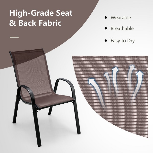 Tangkula 4pcs Patio Stacking Dining Chairs W Curved Armrests amp Breathable Seat Fabric Brown