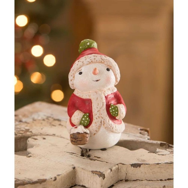 Christmas Snuggle Up In Coat Snowman One Figurine 5 0 Inches Basket Of Snowballs Ma1070 Polyresin Red