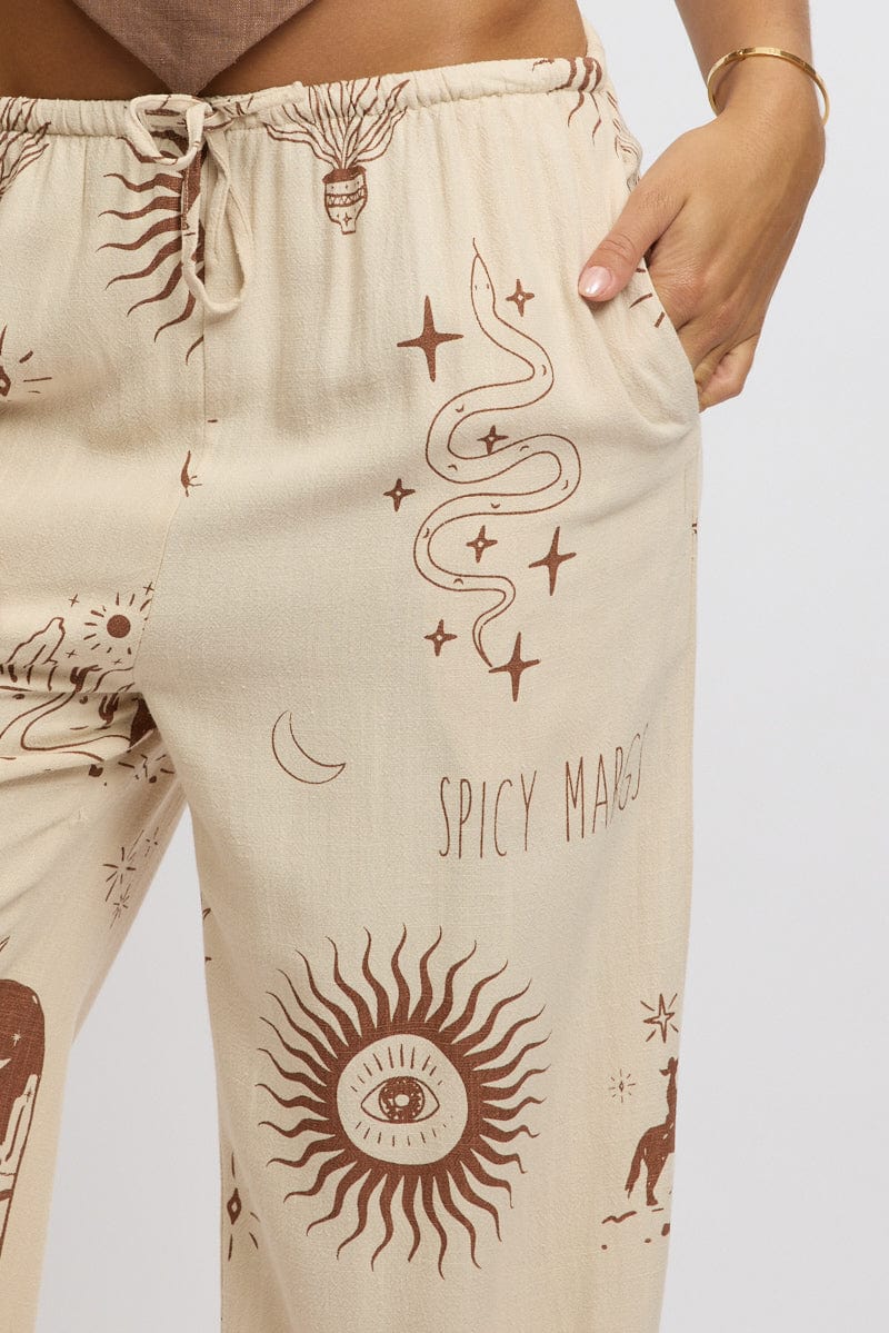 Beige Abstract Wide Leg Pants High Rise