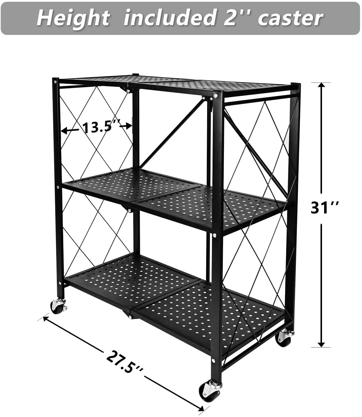 HealSmart 3-Tier Heavy Duty Foldable Metal Rack Storage Shelving Unit with Wheels