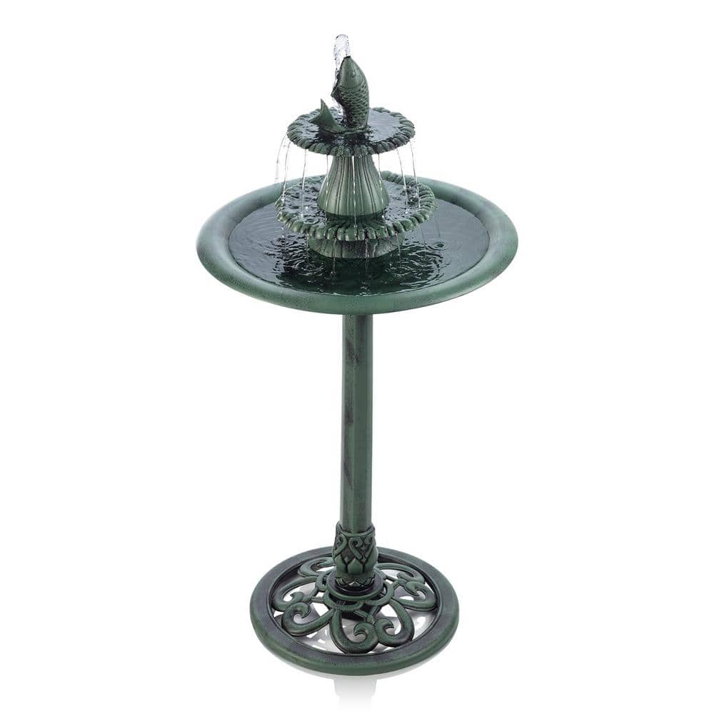 Alpine Corporation 40 in. Tall Outdoor 3-Tiered Pedestal Water Birdbath with Fish Design Floor Fountain, Green TEC104