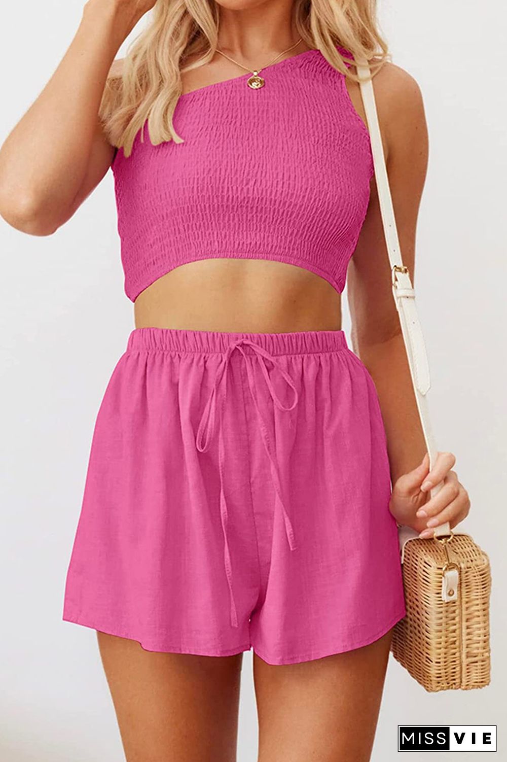 One Shoulder Smocked Crop Top with Elastic Waist Shorts 2pcs Set