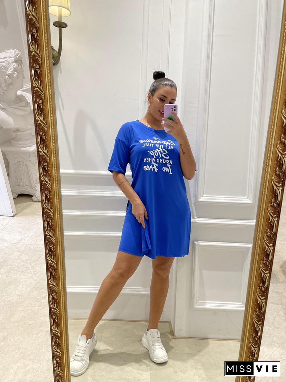 Casual Letter Print Women Short Sleeve O Neck Side Slit Long T-Shirt+Biker Shorts Summer 2 Piece Set