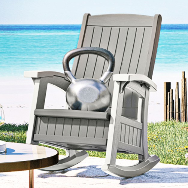 Suncast Outdoor Lightweight Portable Rocking Chair W 7 Gallon In seat Storage Porch Patio Deck Furniture 375 Pound Capacity Dove Gray