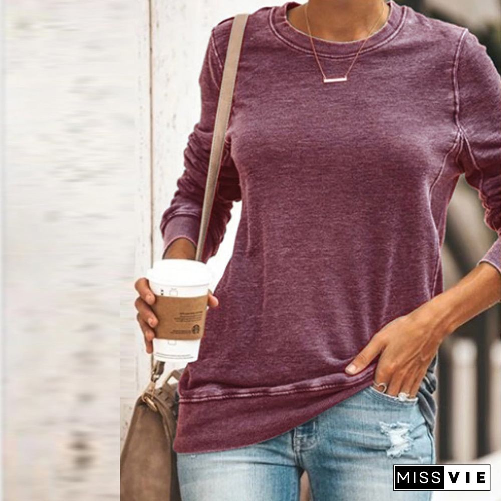 Round Neck Long Sleeve Casual Cotton-Blend Shirts & Tops