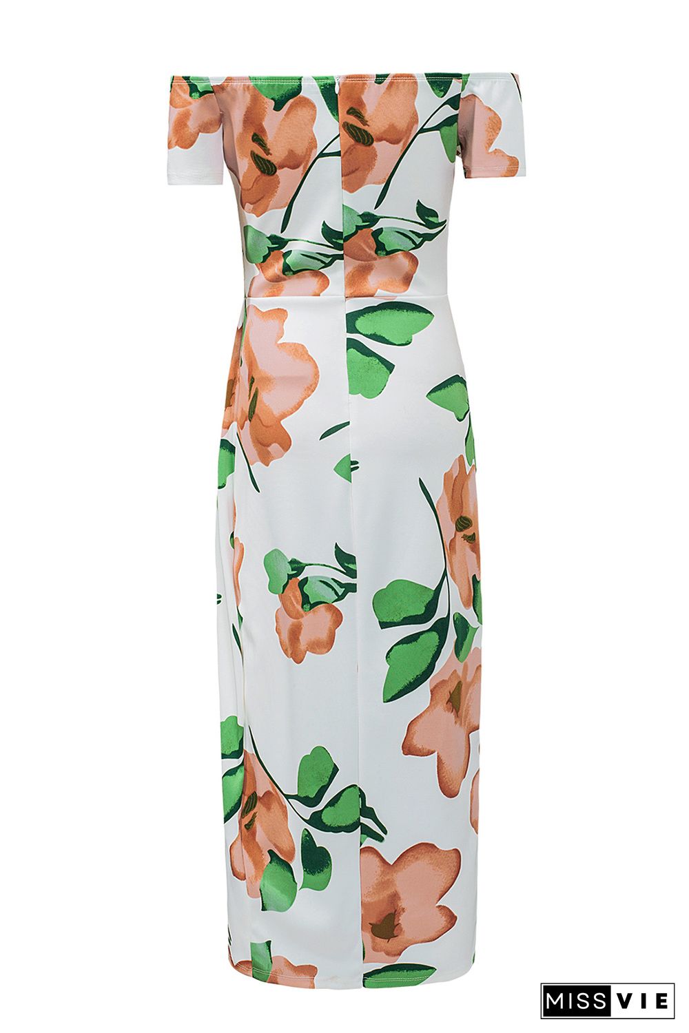 Green Floral Print Off Shoulder Slit Bodycon Midi Dress