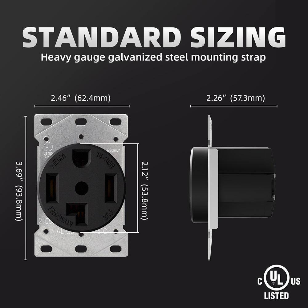 ELEGRP 30 Amp 125250V NEMA 14-30R Flush Mount Power Outlet Single Straight Blade Range and Dryer Outlet Grounding Black 2105S