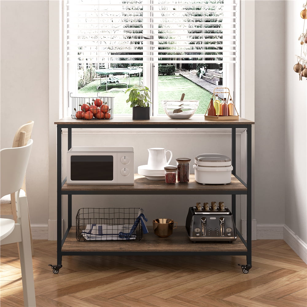 Alden Design Rolling Kitchen Cart with 3 Shelves， Taupe Wood