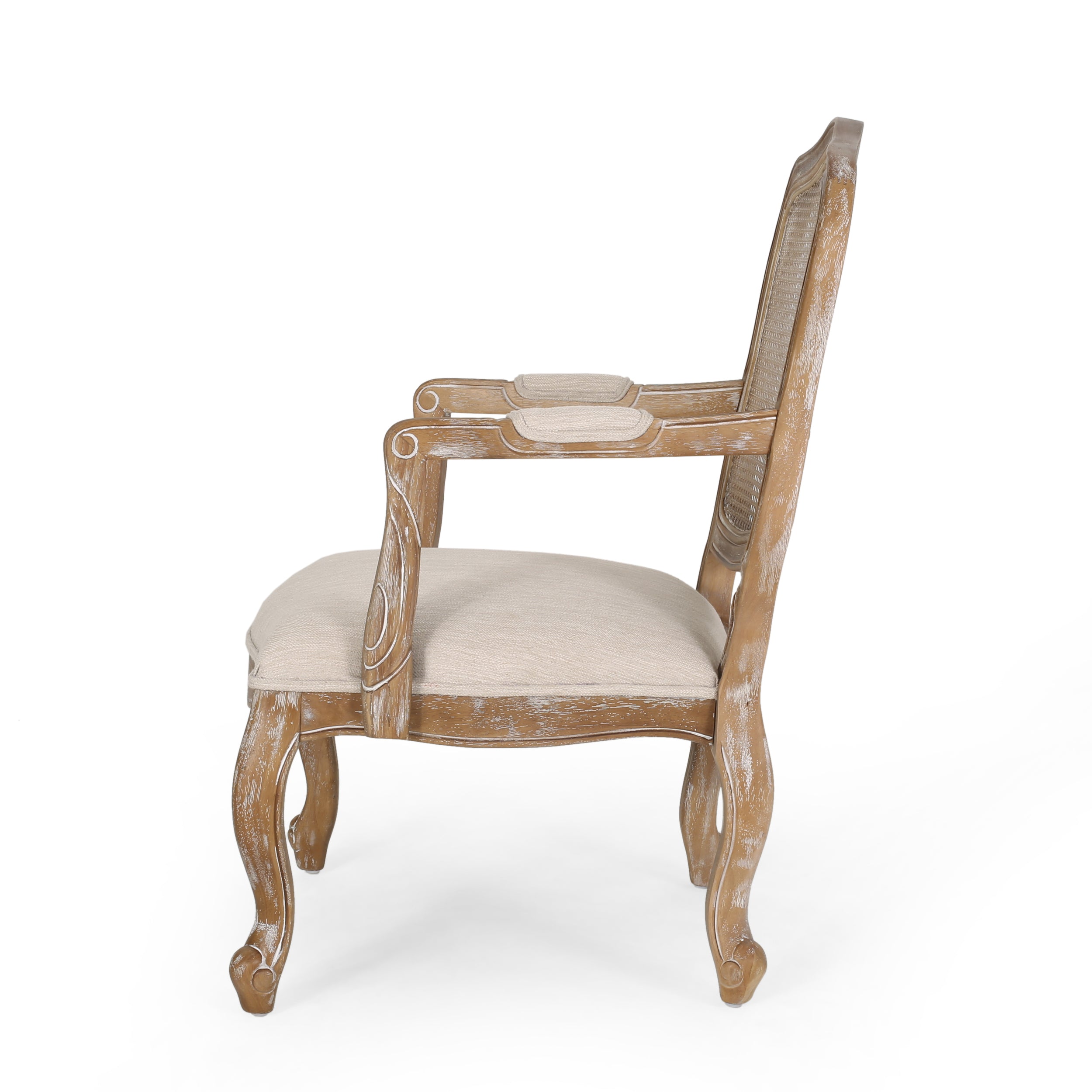 Biorn French Country Wood and Cane Upholstered Dining Armchair