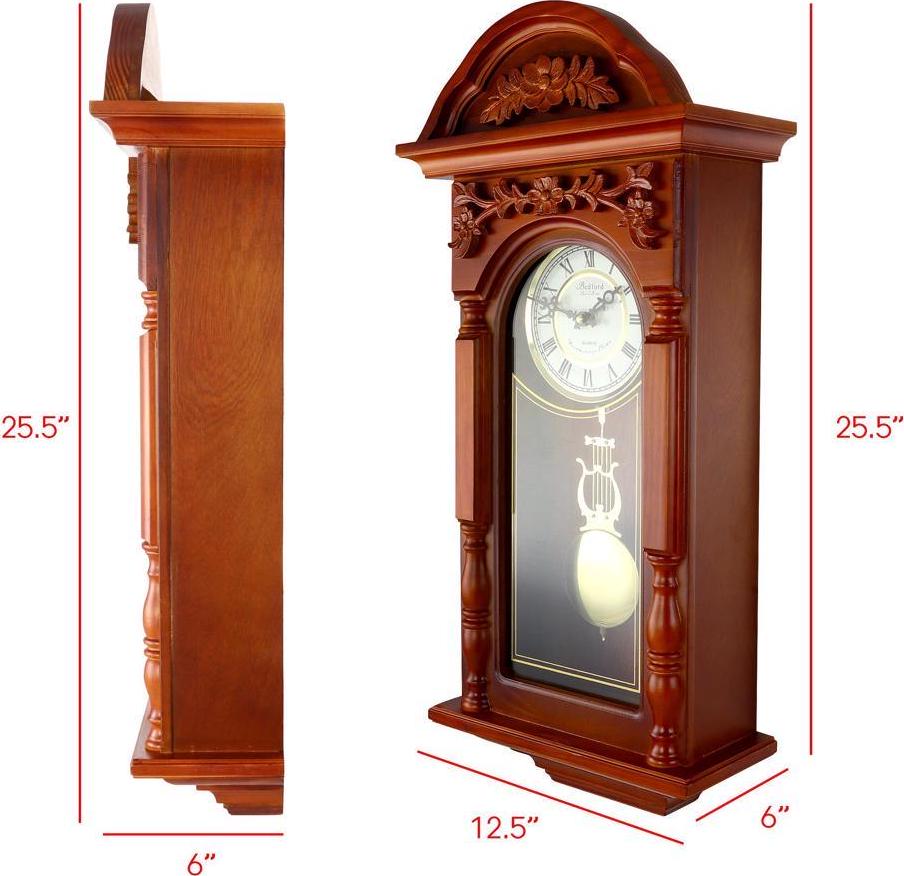 Bedford Clock Collection 27.5 Antique Chiming Wall Clock with Roman Numerals in a Padauk Oak Finish