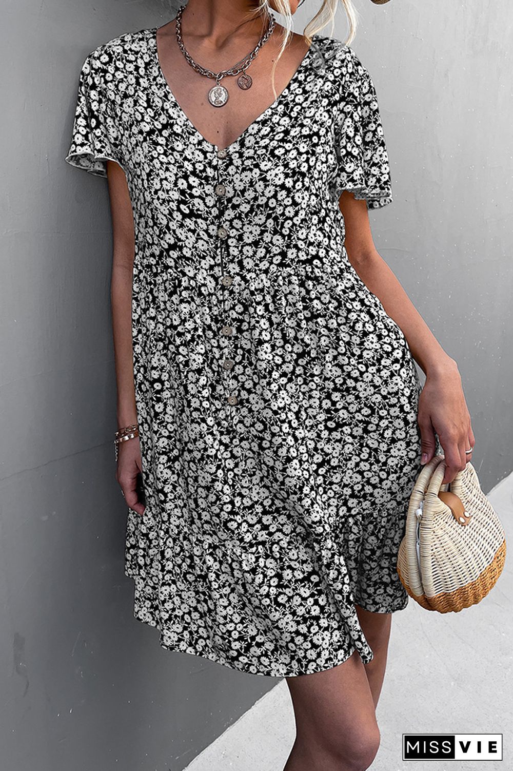 Ruffle Sleeves V Neck Floral Dress Wholesale